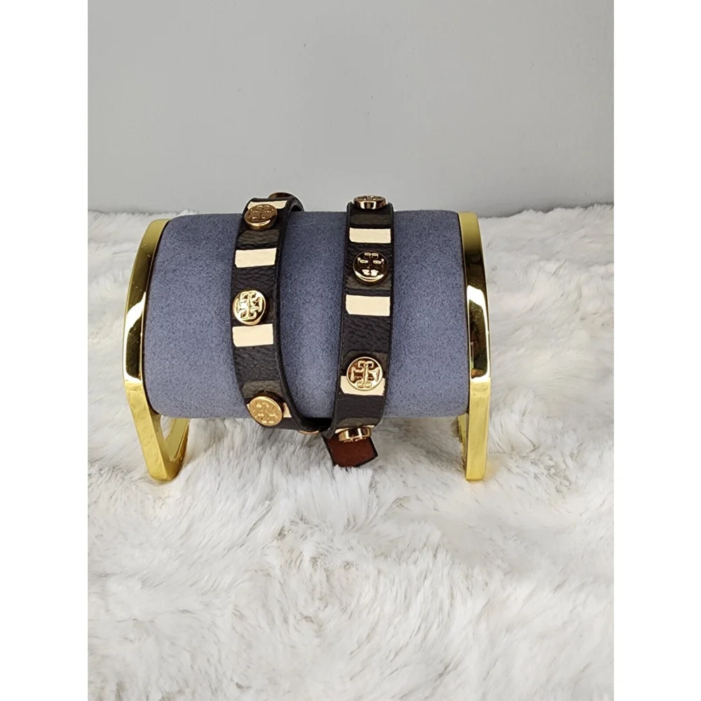 Tory Burch Brown Leather striped Goldtone Logo Double Wrap Bracele